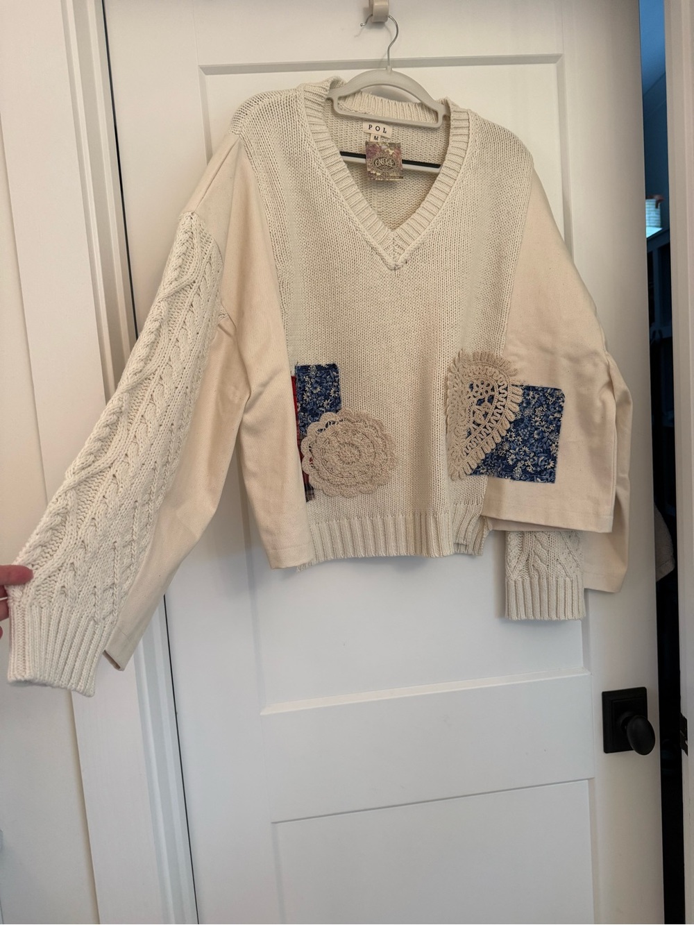 POL Cream Mixed-Knit V-Neck Sweater with Blue Patch and Crocheted Details
